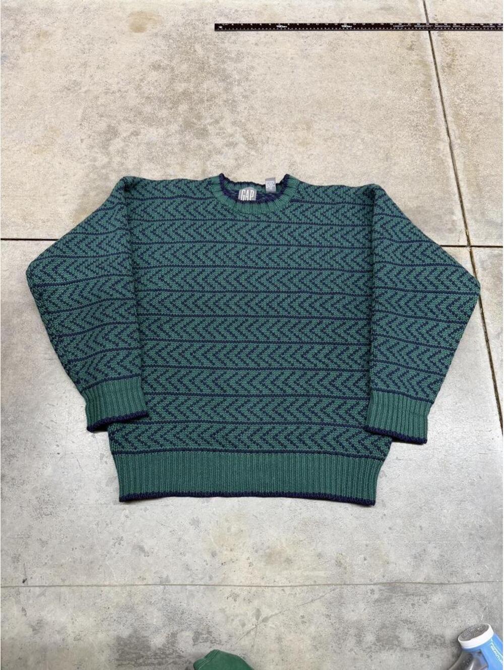 vintage gap green and navy striped knit sweater size large